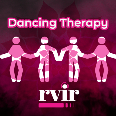 Dancing as Therapy.  RVIR logo with four stick figures dancing across the middle, representing dancing therapy.