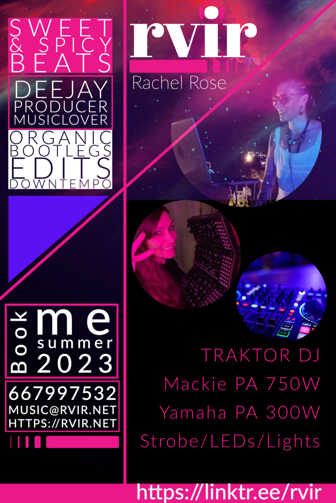 Book a dj in the summer of 2023.  A poster-style graphic with three photos of deejay Rachel Rose, details of my equipment, and contact information.