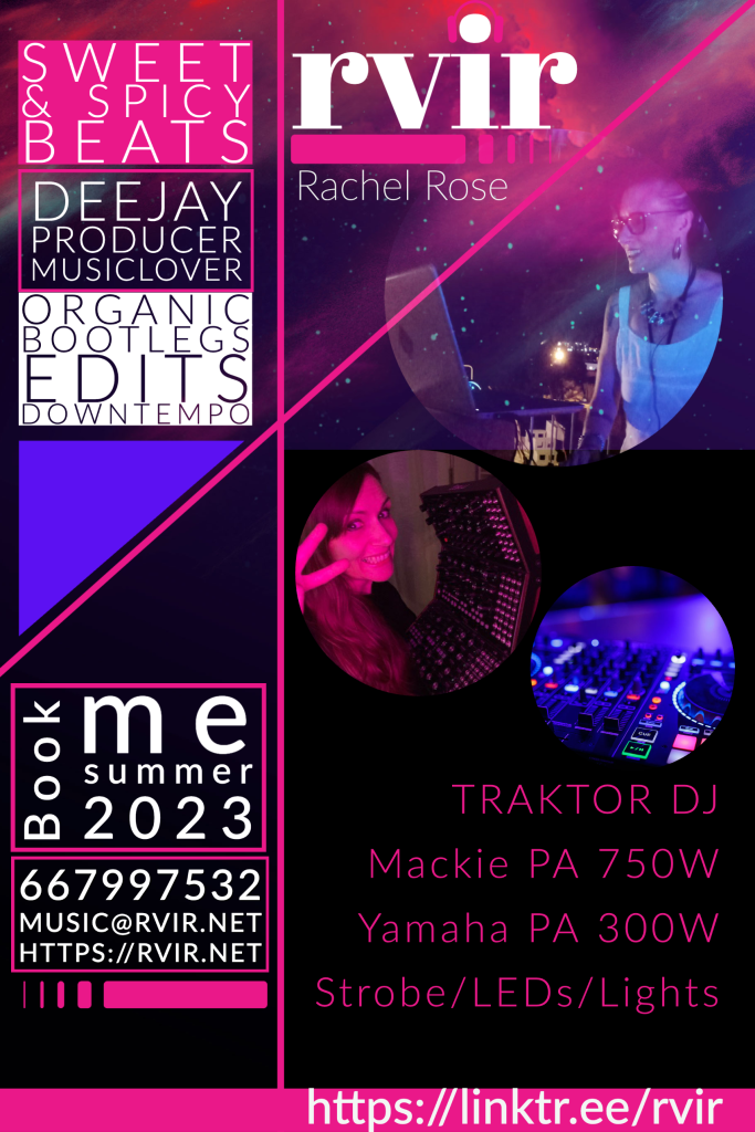 Book a dj in the summer of 2023. A poster-style graphic with three photos of deejay Rachel Rose, details of my equipment, and contact information.